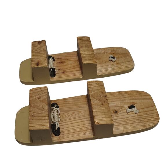 Vintage Traditional Geta Clogs Sandals Brown Wood Black Velvet Thongs Size 10.5 - Picture 5 of 10